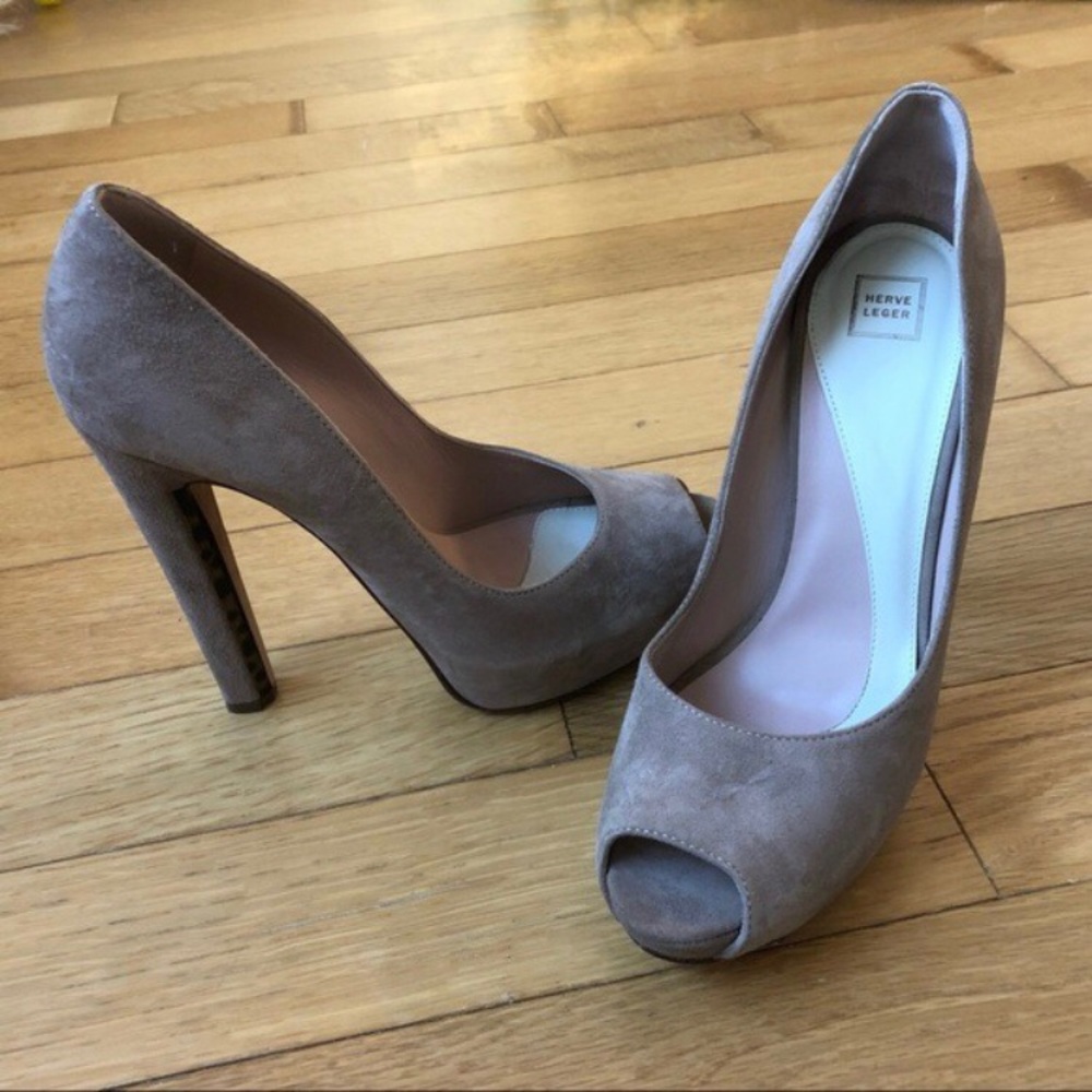Authentic Herve Leger Women's Beige/Nude Suede Leather Peep-Toe Heels 38.5